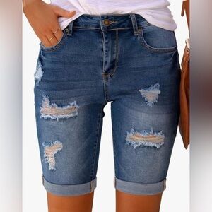 High Waisted Stretch Bermuda Ripped Rolled Hem Jean Denim Shorts Large
